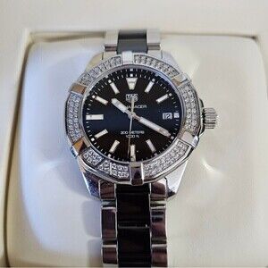Tag Heuer Unisex Aquaracer Diamond Trim Black Face Quartz Watch 35mm Steel Box